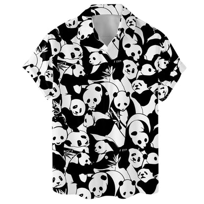 Close front view of panda and bamboo print Hawaiian shirt
