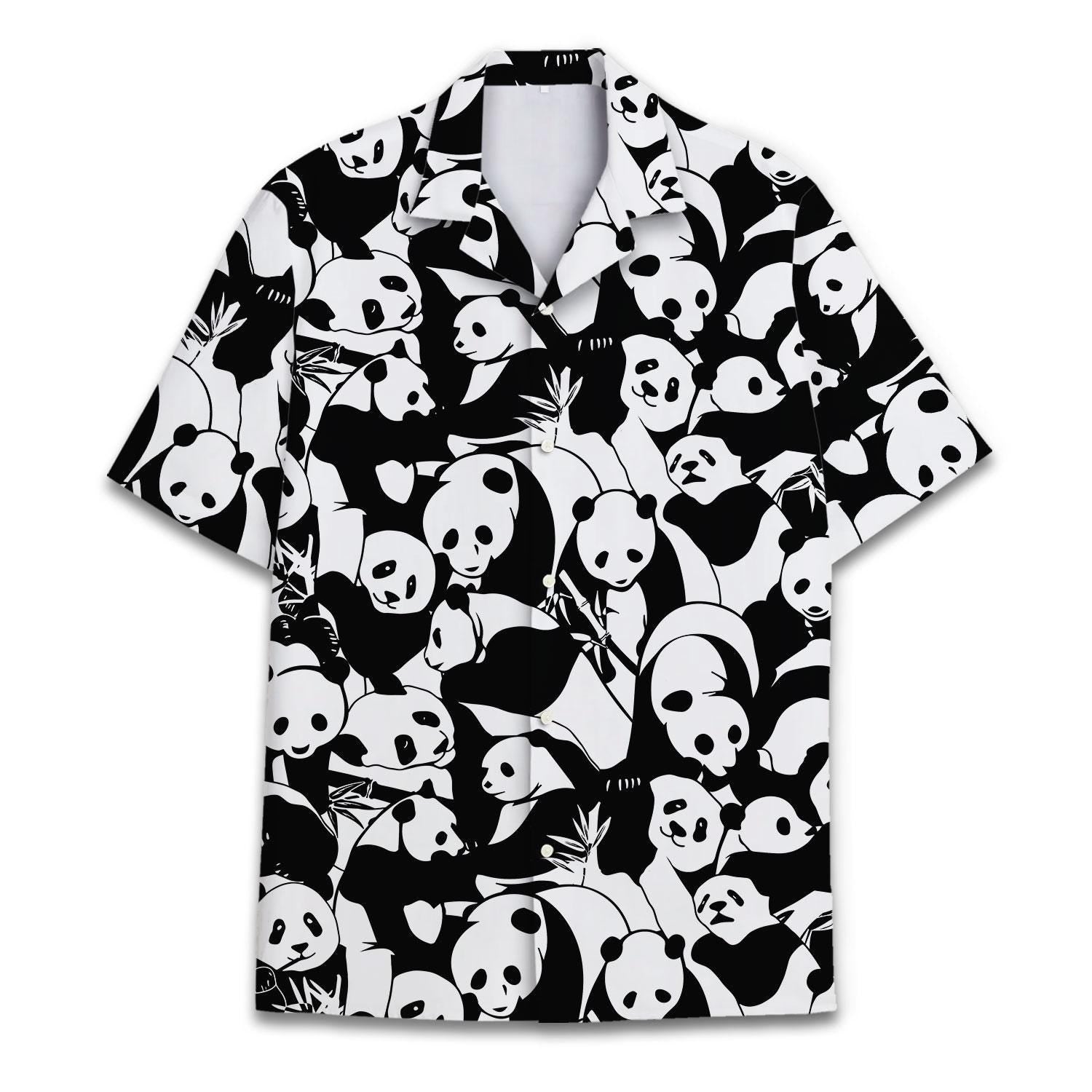 Front view of black and white panda print Hawaiian shirt