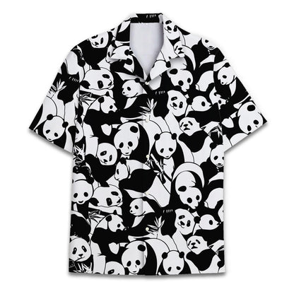 Front view of black and white panda print Hawaiian shirt