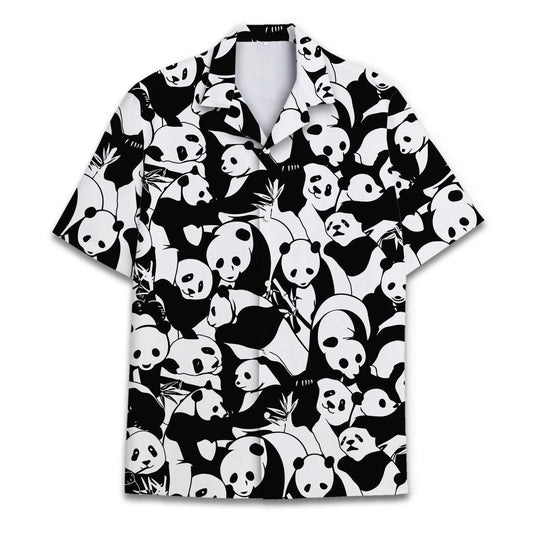 Front view of black and white panda print Hawaiian shirt