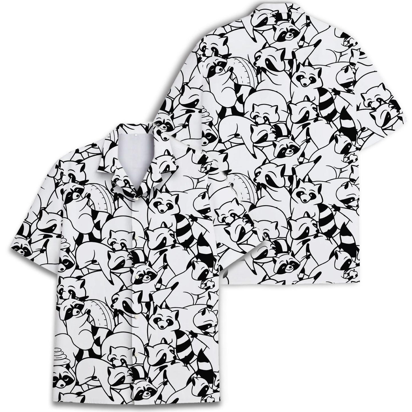 Two black and white raccoon print Hawaiian shirts shown together from the front