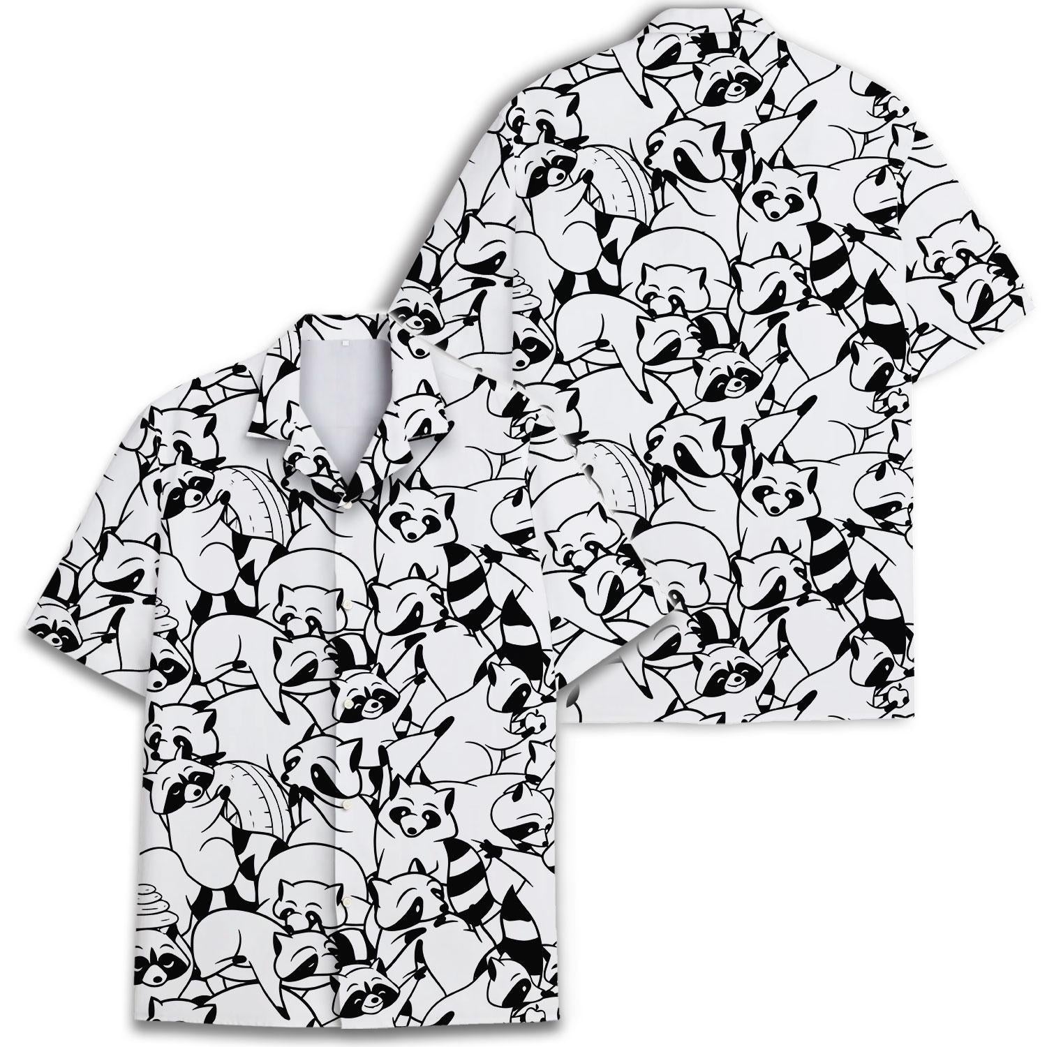 Two black and white raccoon print Hawaiian shirts shown together from the front