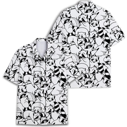 Two black and white raccoon print Hawaiian shirts shown together from the front