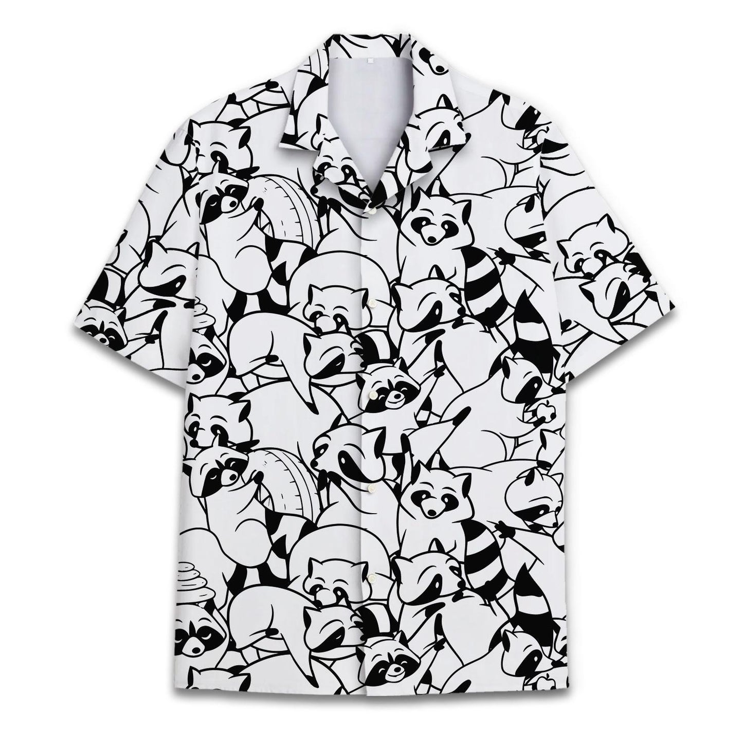 Front view of a black and white short-sleeve Hawaiian shirt covered in raccoon illustrations