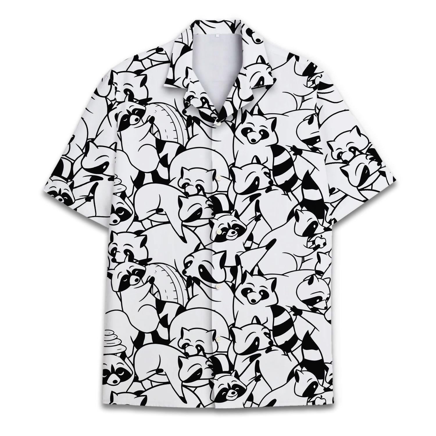 Front view of a black and white short-sleeve Hawaiian shirt covered in raccoon illustrations