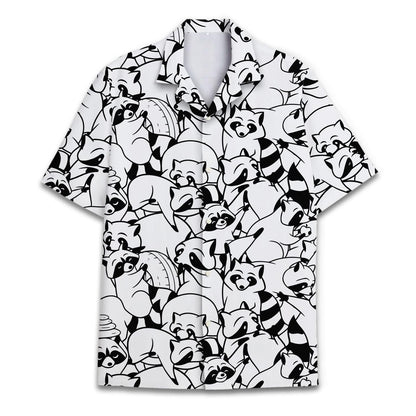 Front view of a black and white short-sleeve Hawaiian shirt covered in raccoon illustrations