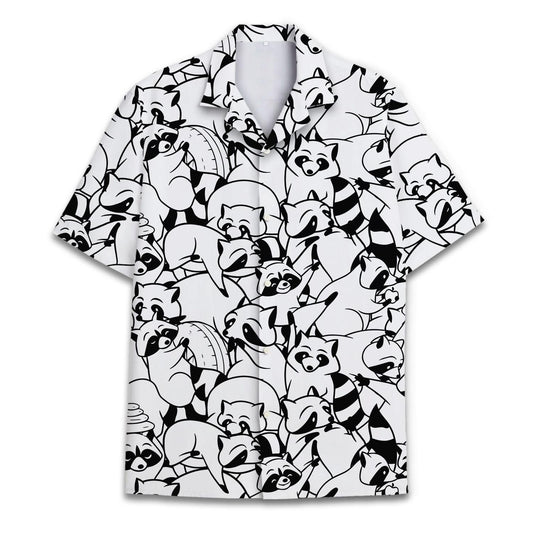 Front view of a black and white short-sleeve Hawaiian shirt covered in raccoon illustrations