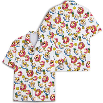 Two matching views of the colorful dog and donut Hawaiian shirt