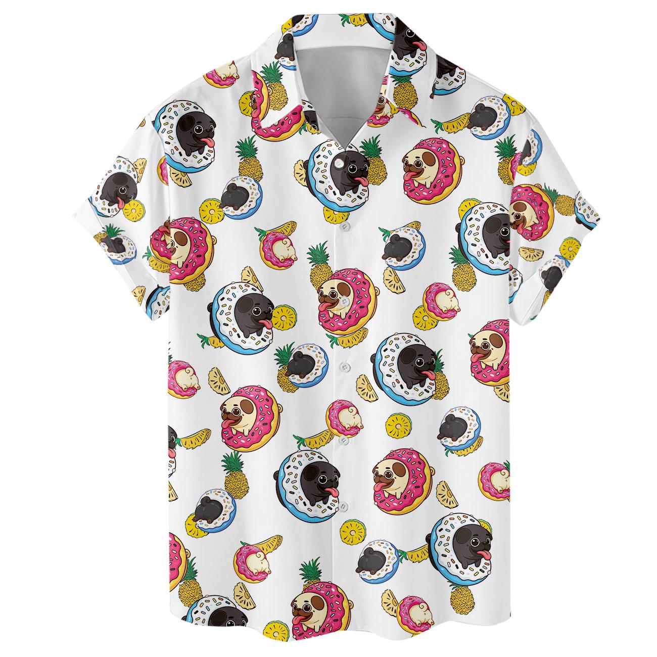 Close front view of short-sleeve collared Hawaiian shirt with playful sloth food print