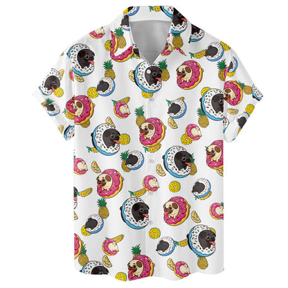Close front view of short-sleeve collared Hawaiian shirt with playful sloth food print