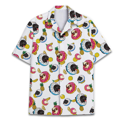 Front view of colorful sloth and donut Hawaiian shirt with tropical fruit print