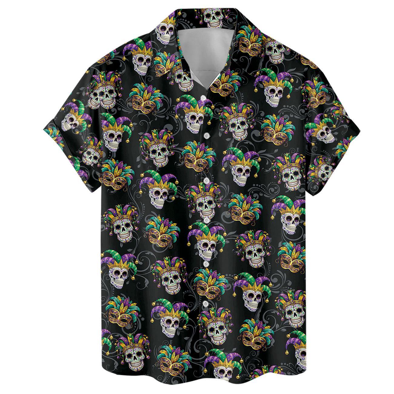 Front view of colorful all-over skull Hawaiian shirt