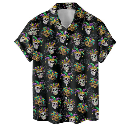 Front view of colorful all-over skull Hawaiian shirt