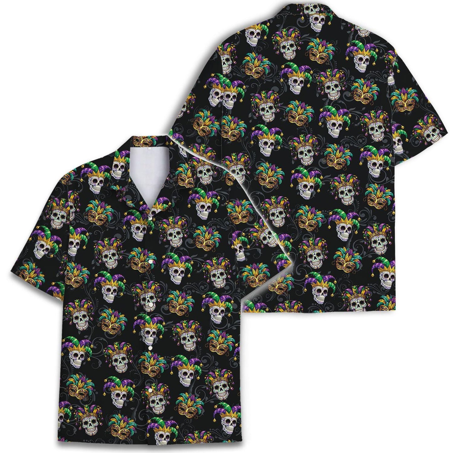 Front and back views of black skull and mask Hawaiian shirt