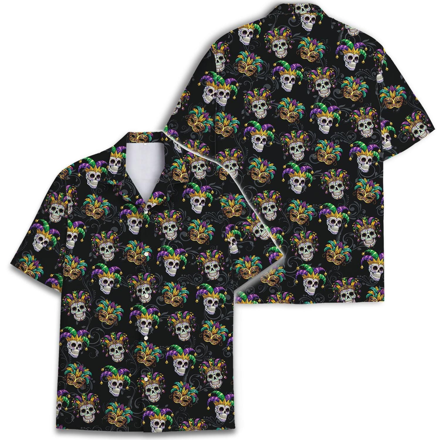 Front and back views of black skull and mask Hawaiian shirt
