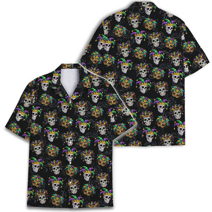 Front and back views of black skull and mask Hawaiian shirt