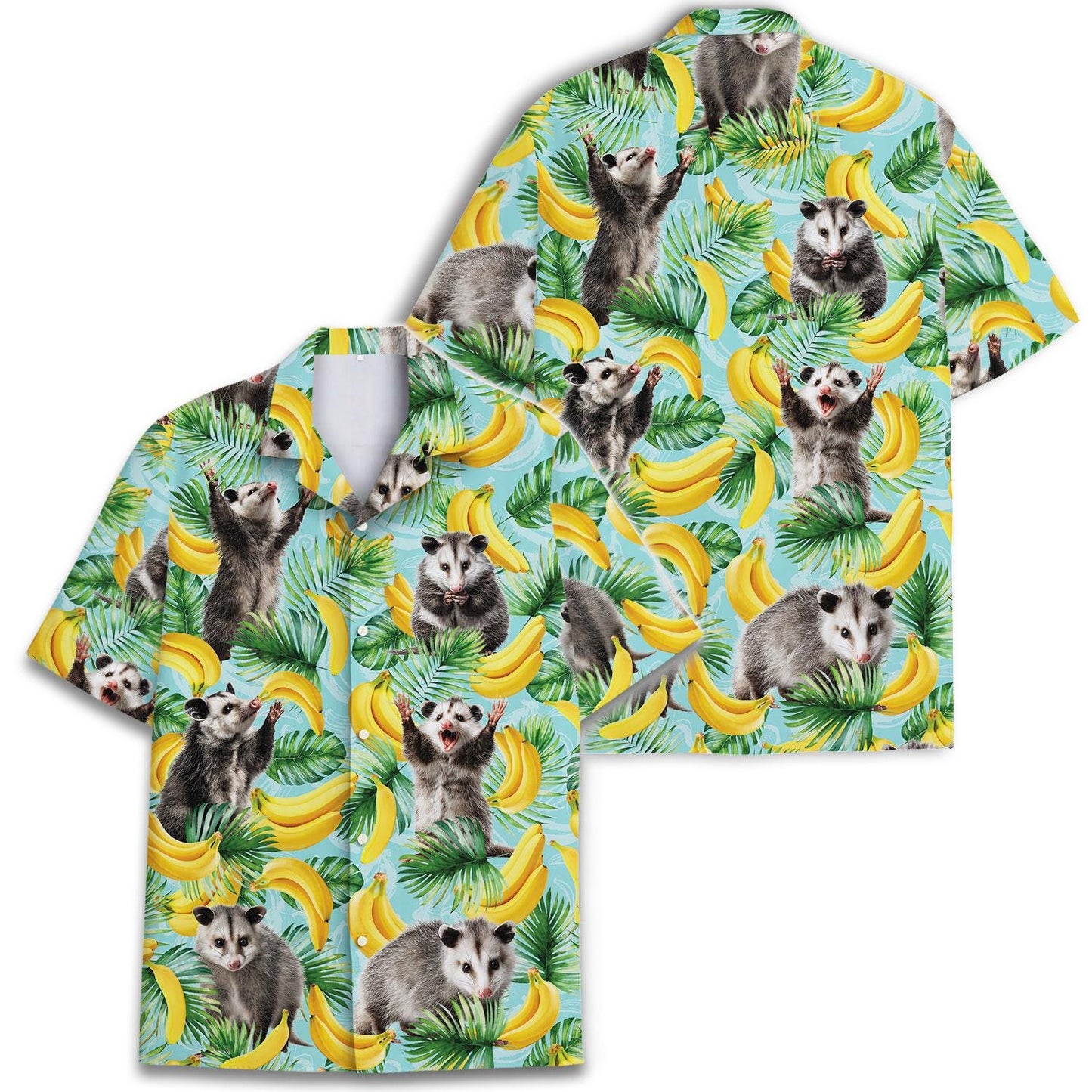 Two views of colorful opossum and banana Hawaiian shirts
