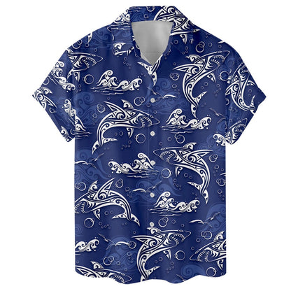 Close front view of blue short sleeve Hawaiian shirt with button placket
