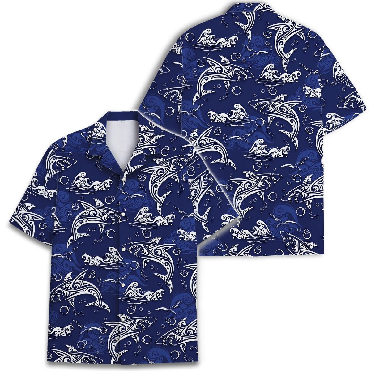 Front and back views of blue dolphin wave Hawaiian shirt