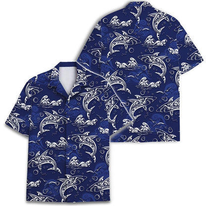Front and back views of blue dolphin wave Hawaiian shirt