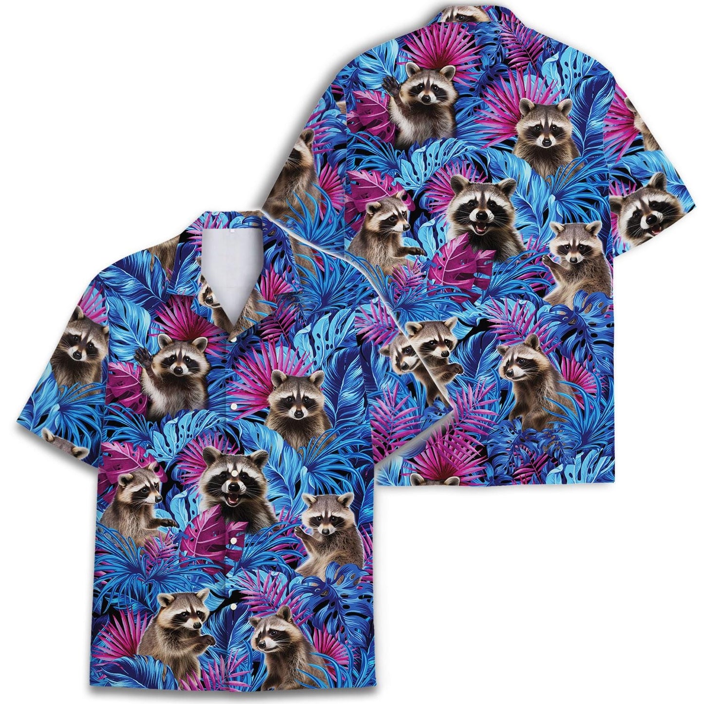 Front view of raccoon print Hawaiian shirt in blue, pink, and purple
