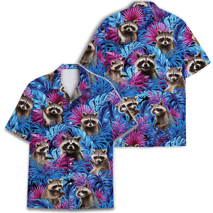 Front view of raccoon print Hawaiian shirt in blue, pink, and purple