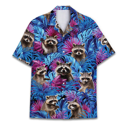 Blue tropical Hawaiian shirt featuring raccoons and colorful jungle leaves