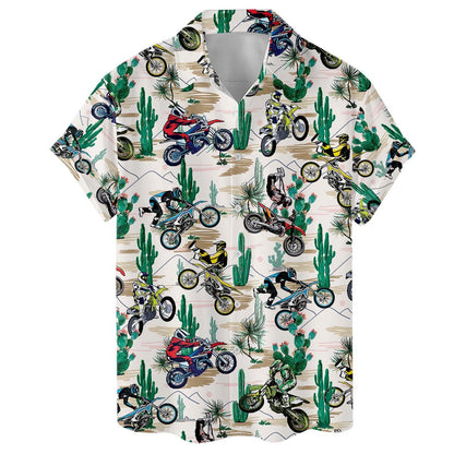 Front view of a short-sleeve camp shirt covered in motorcycles, cacti, and desert artwork