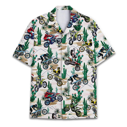 Front view of a short-sleeve Hawaiian shirt with colorful dirt bikes and desert cactus print