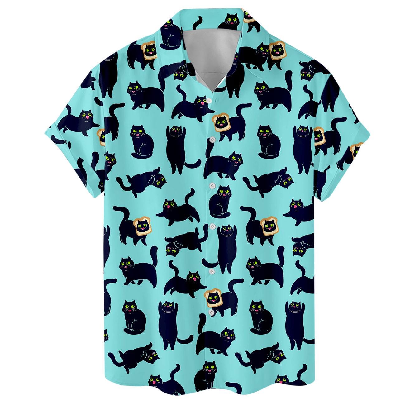 Front view of a short-sleeve aqua button-front shirt with playful black cats