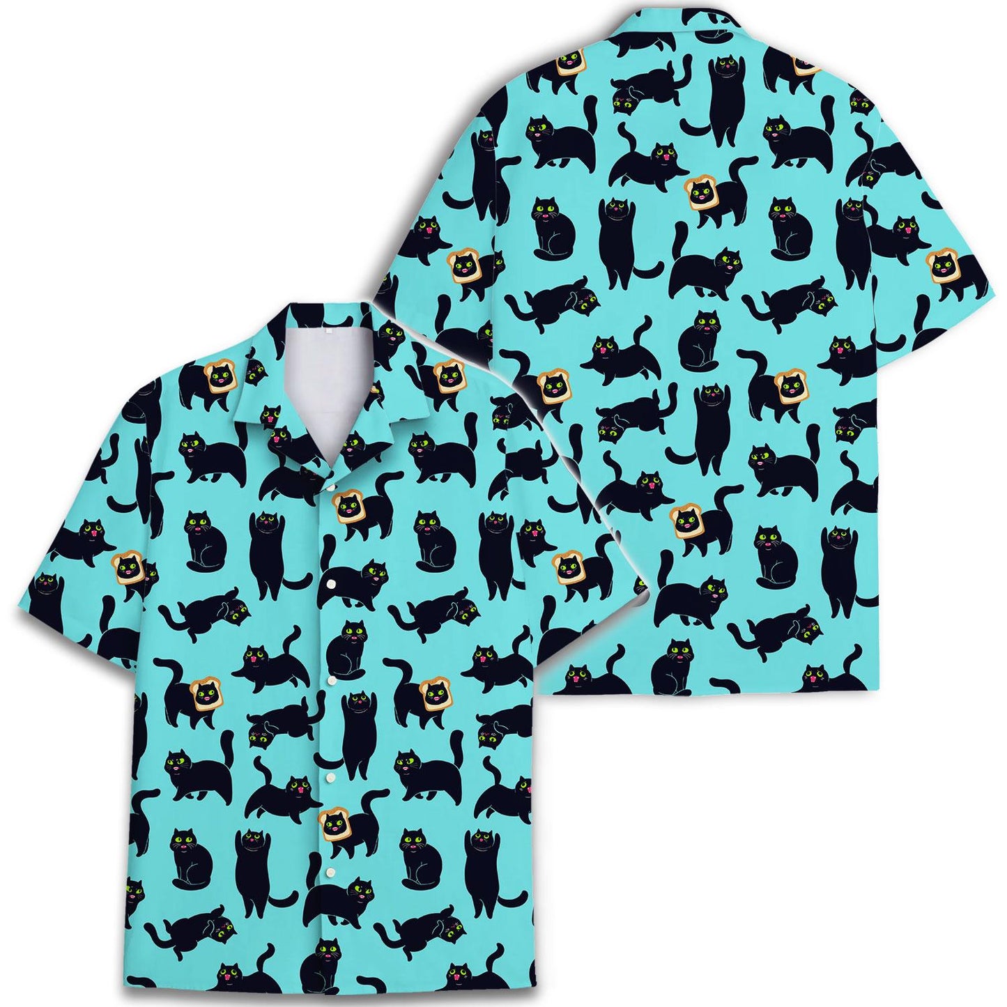 Two views of an aqua black cat Hawaiian shirt showing the front and back