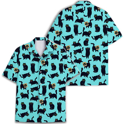 Two views of an aqua black cat Hawaiian shirt showing the front and back