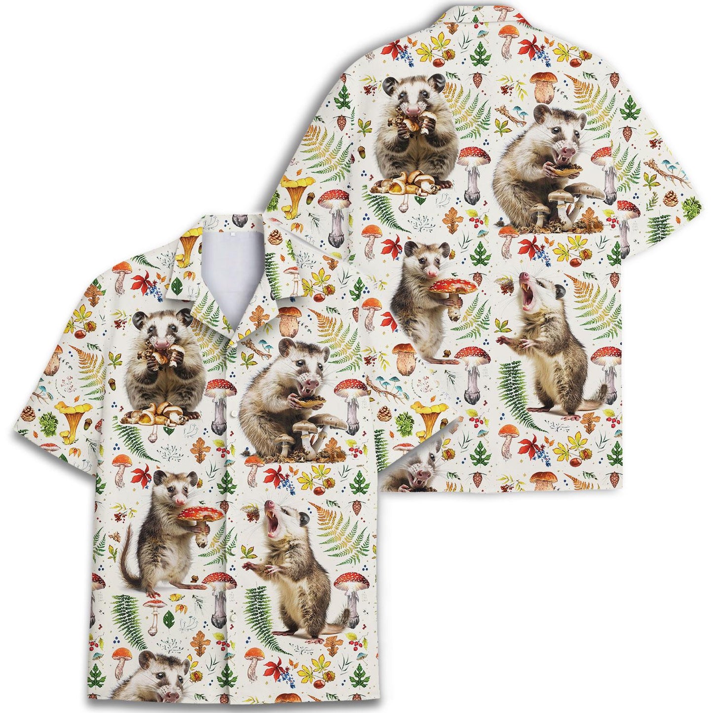 Front and back views of an opossum and mushroom Hawaiian shirt with an all-over forest print