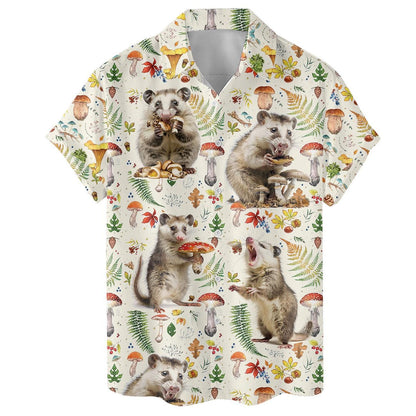 Close front view of the short-sleeve opossum Hawaiian shirt with colorful woodland details