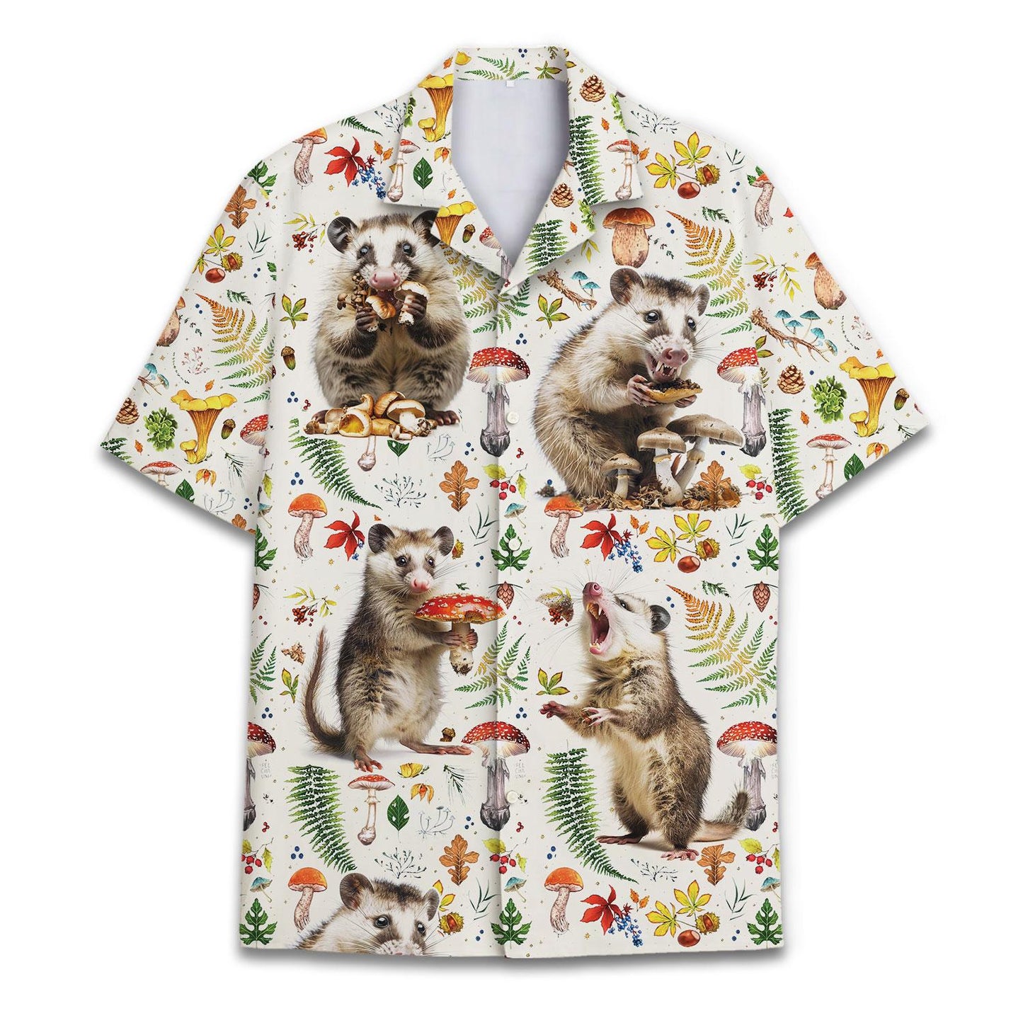 Front view of a woodland Hawaiian shirt with playful opossums, mushrooms, ferns and flowers