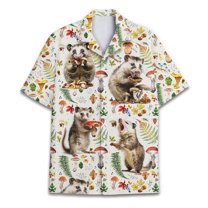 Front view of a woodland Hawaiian shirt with playful opossums, mushrooms, ferns and flowers