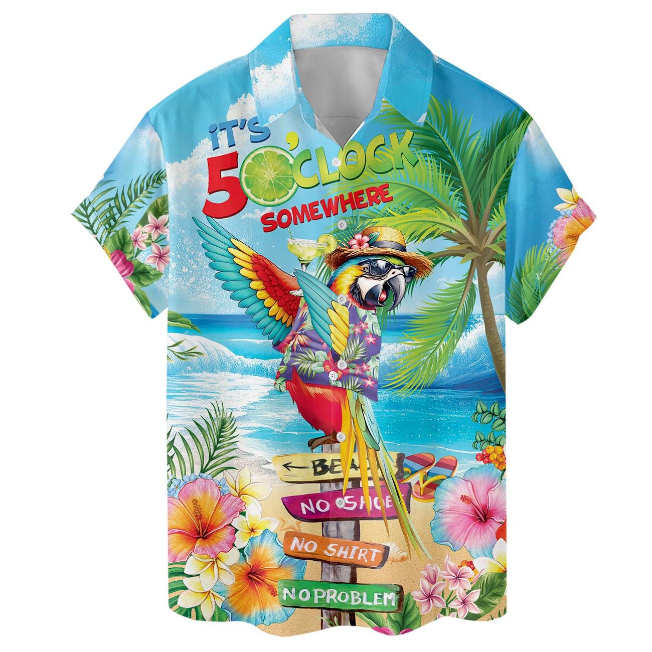 Close front view of Hawaiian shirt with parrot and “It’s 5 O’Clock Somewhere” print