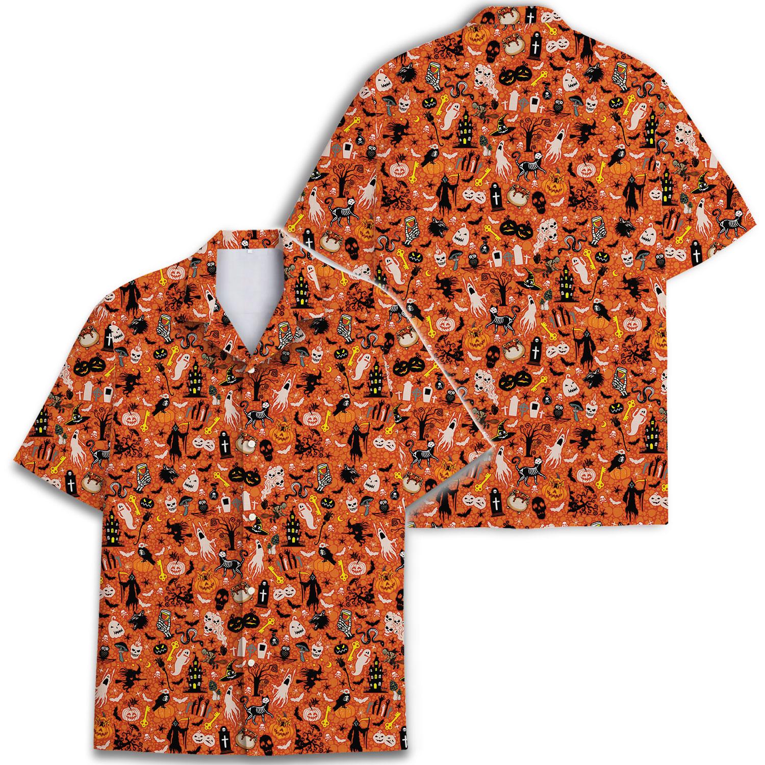 Front and back views of an orange spooky Halloween Hawaiian shirt