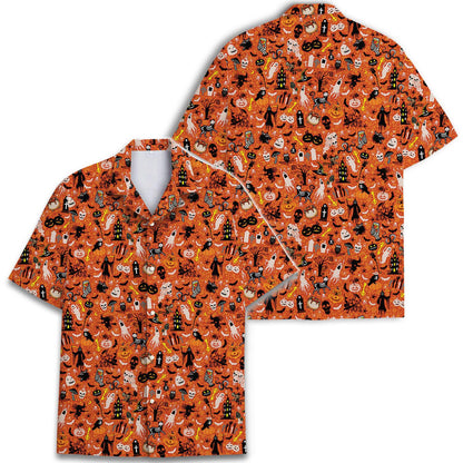 Front and back views of an orange spooky Halloween Hawaiian shirt