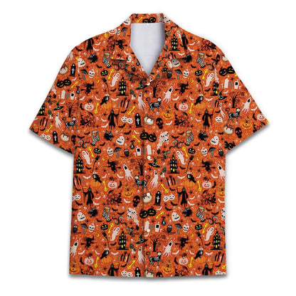 Orange Halloween Hawaiian shirt with all-over pumpkins, ghosts, skeletons, bats, and haunted characters