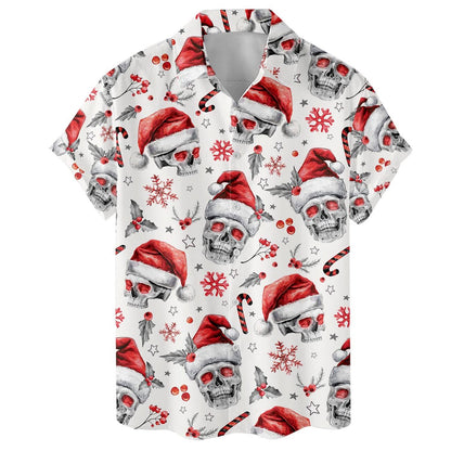 Close front view of skull Santa hat Hawaiian shirt with red snowflakes and candy canes