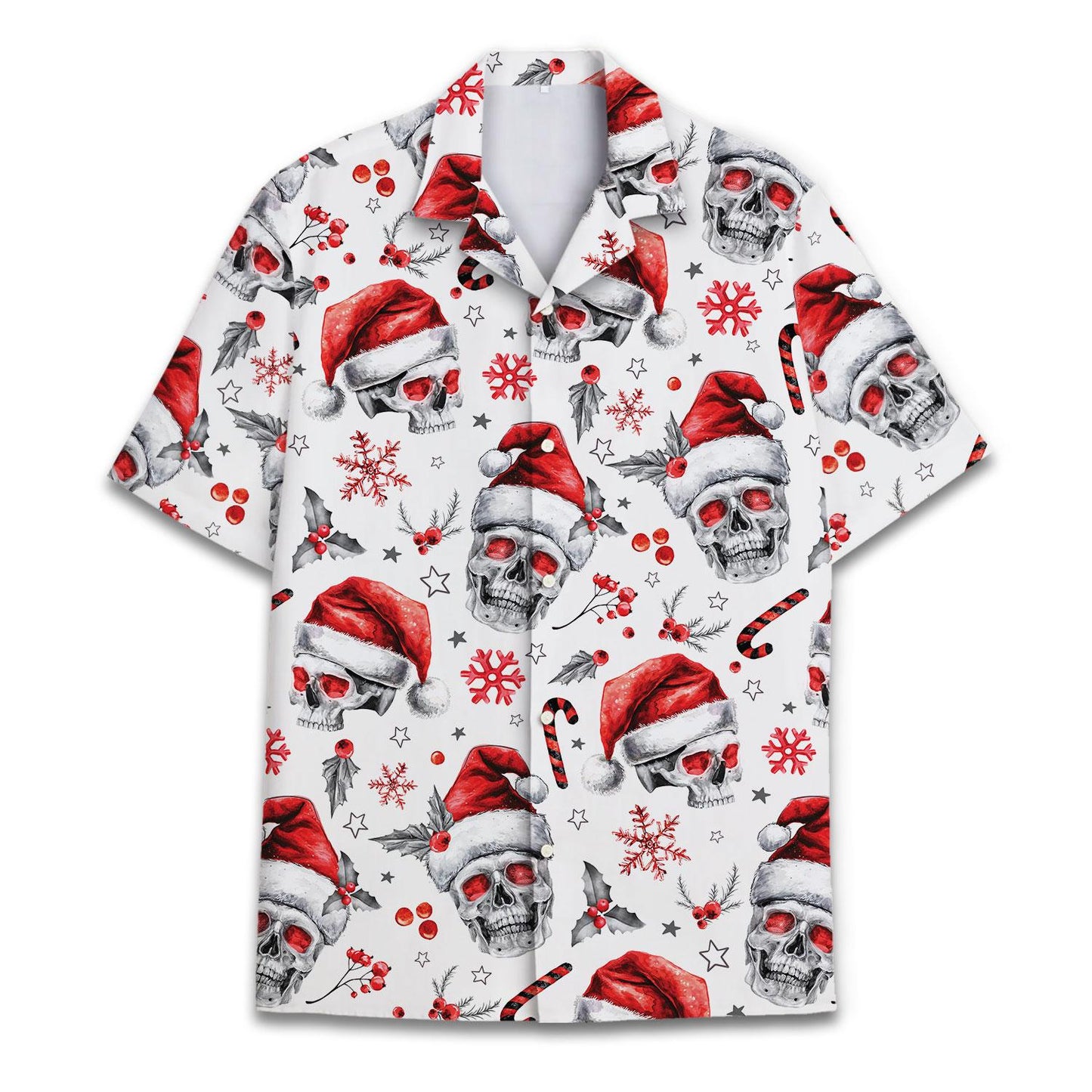 Front view of white Christmas skull Hawaiian shirt with Santa hats, snowflakes and candy canes