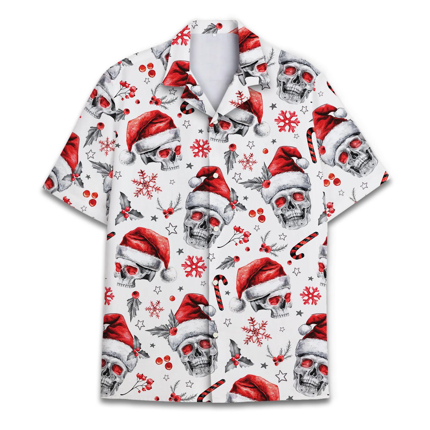 Front view of white Christmas skull Hawaiian shirt with Santa hats, snowflakes and candy canes