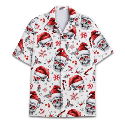 Front view of white Christmas skull Hawaiian shirt with Santa hats, snowflakes and candy canes