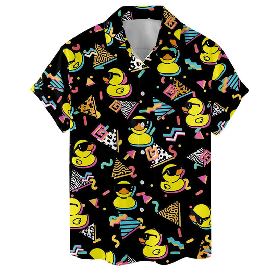 Front view of a black Hawaiian shirt with colorful rubber ducks wearing sunglasses and retro geometric graphics