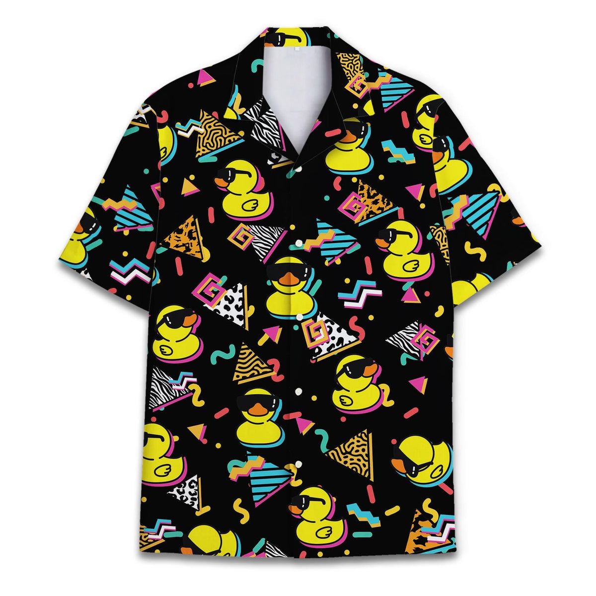 Full front view of a short-sleeve black rubber duck Hawaiian shirt with colorful geometric accents