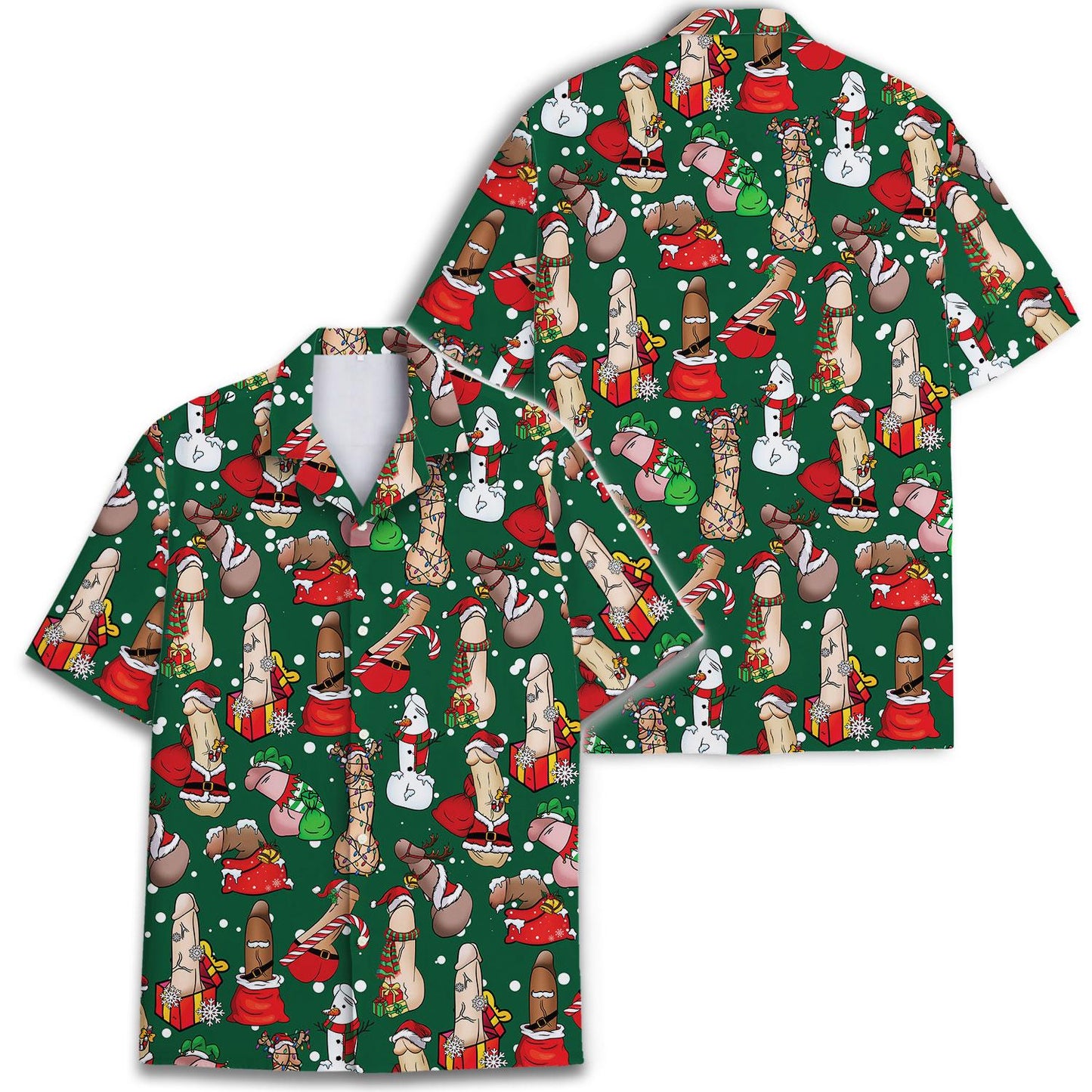 Two green Christmas Hawaiian shirts displayed together to show the festive allover holiday pattern