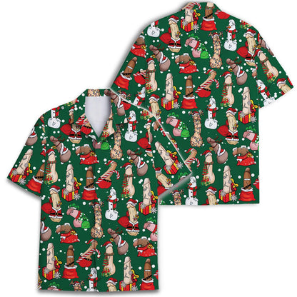 Two green Christmas Hawaiian shirts displayed together to show the festive allover holiday pattern