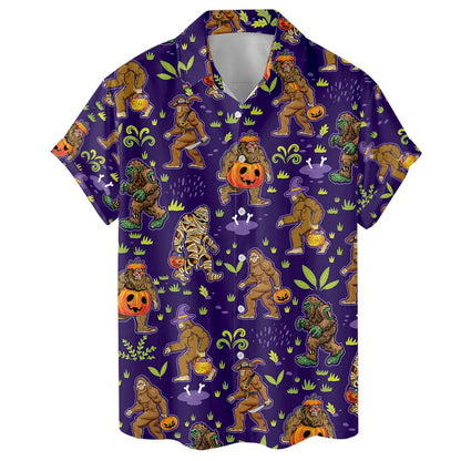 Front view of a purple short-sleeve Hawaiian shirt with Bigfoot, pumpkins, and skeleton motifs