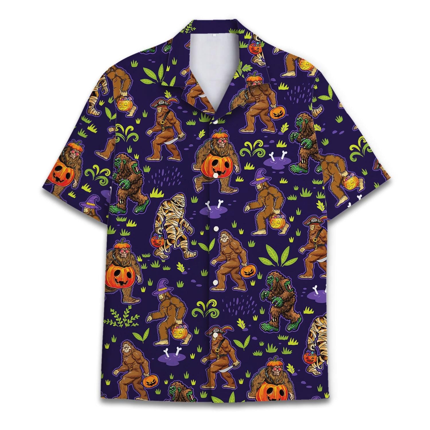 Front view of a purple Halloween Hawaiian shirt with Bigfoot, pumpkins, skeletons, and allover spooky artwork